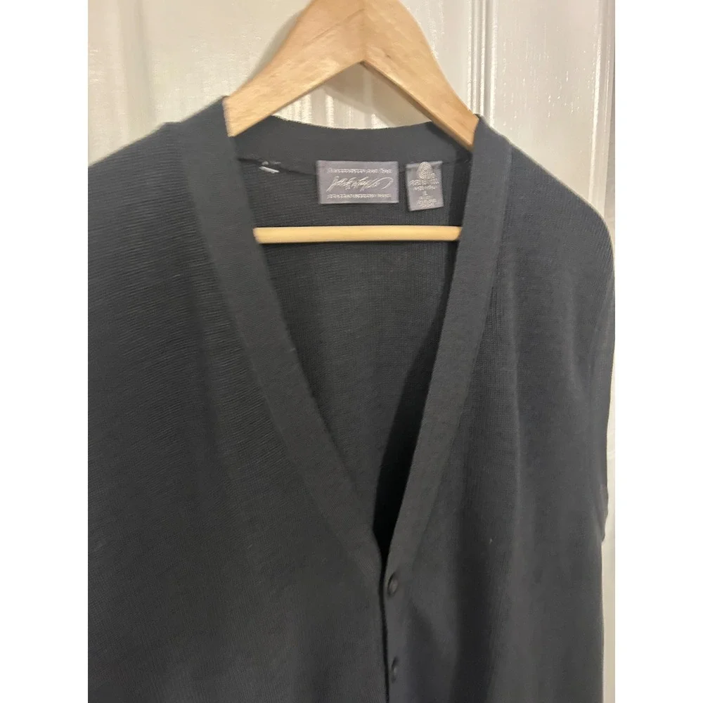 Lord & Taylor Mens Italian Merino Wool Cardigan Vest Black V-Neck Button Front L